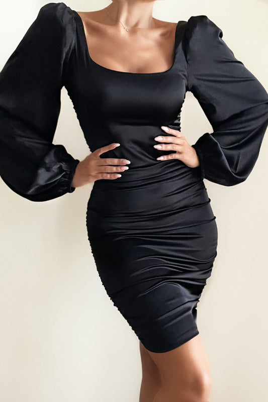 Sleeve Drama - Black Satin Dress