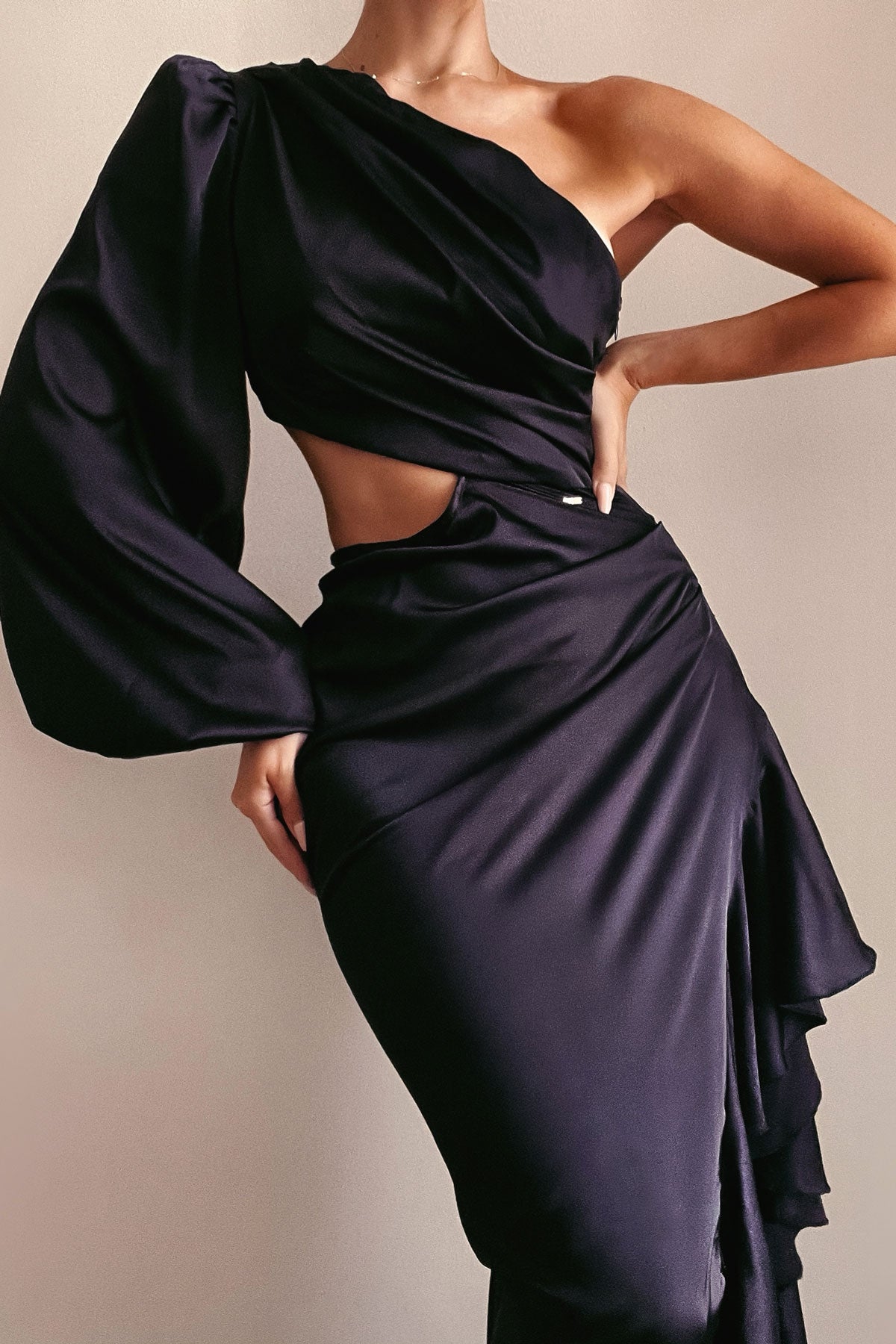 Champagne One Sleeve Black Silk Dress